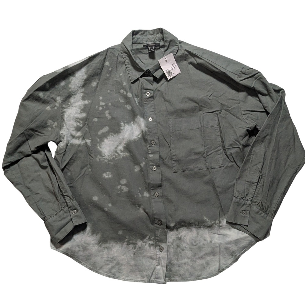 Forever 21 Women Bleach Wash Cotton Button Down Shirt Olive Green Large NEW